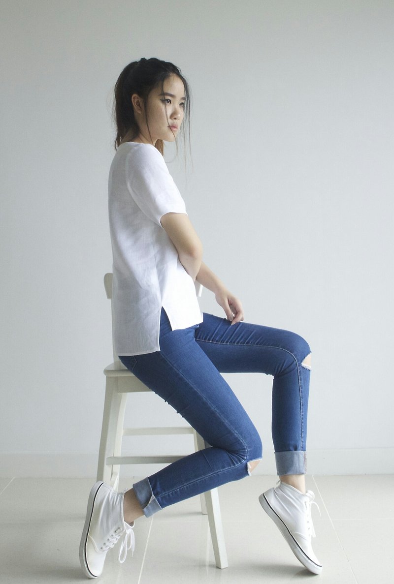 made to order linen blouse / clothing / casual / top / women /natural top E 38T - 女装上衣 - 亚麻 白色