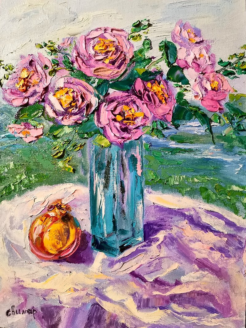 石榴粉红玫瑰玻璃花瓶油画厚涂原创艺术家 Svinar Ok - 其他 - 其他材质 多色