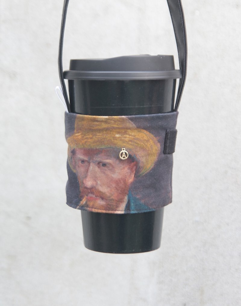 【画廊系列】Vincent　油画笔触　皮革提带 杯套 定制化 - 随行杯提袋/水壶袋 - 棉．麻 黑色