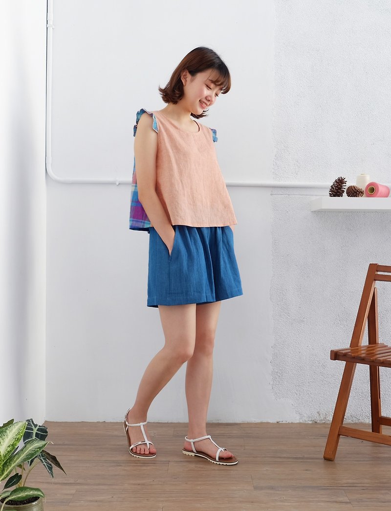 小翅膀上衣 - 粉嫩莓果 - 日本棉麻、格纹、背心、短版 - 女装上衣 - 棉．麻 