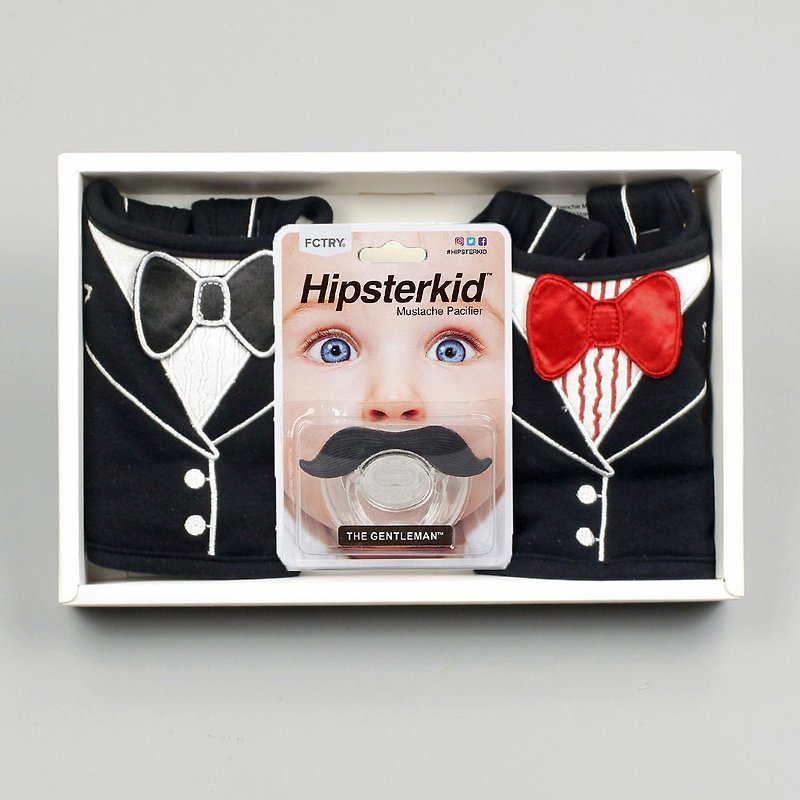 美国FMC X Hipsterkid 男婴礼盒 - 兜兜好3件组(围兜+奶嘴) - 满月礼盒 - 棉．麻 黑色