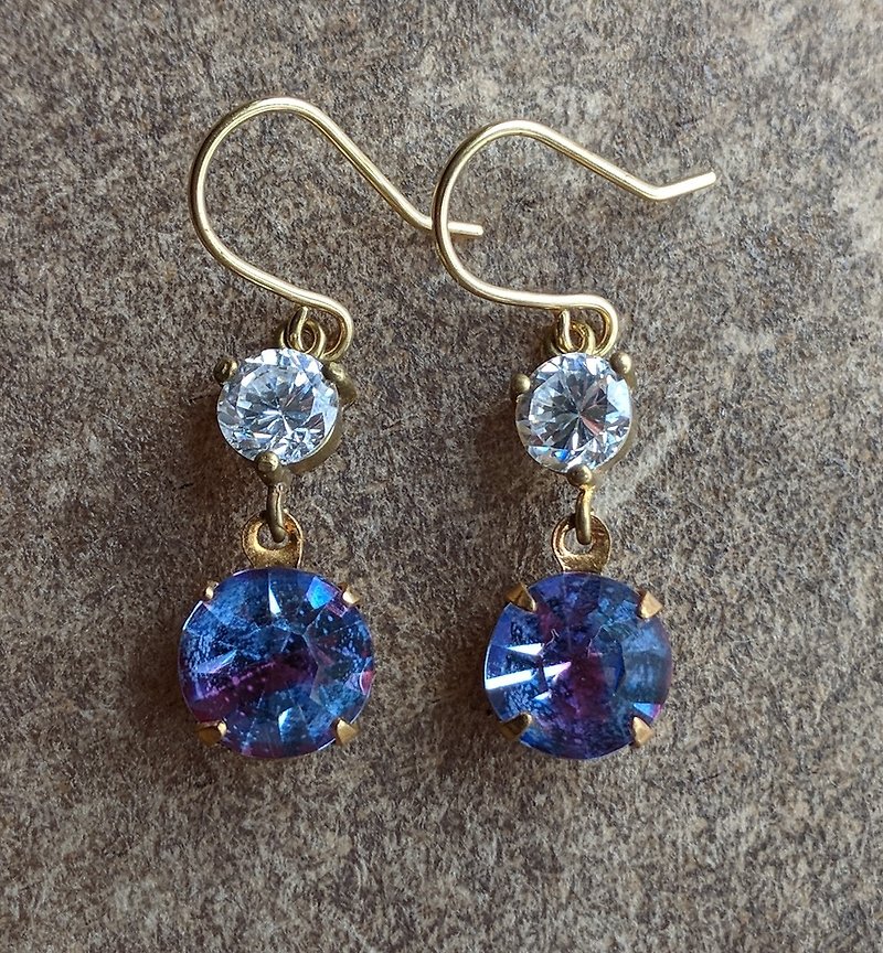 蓝红古董玻璃锆石耳环 - 耳环/耳夹 - 玻璃 