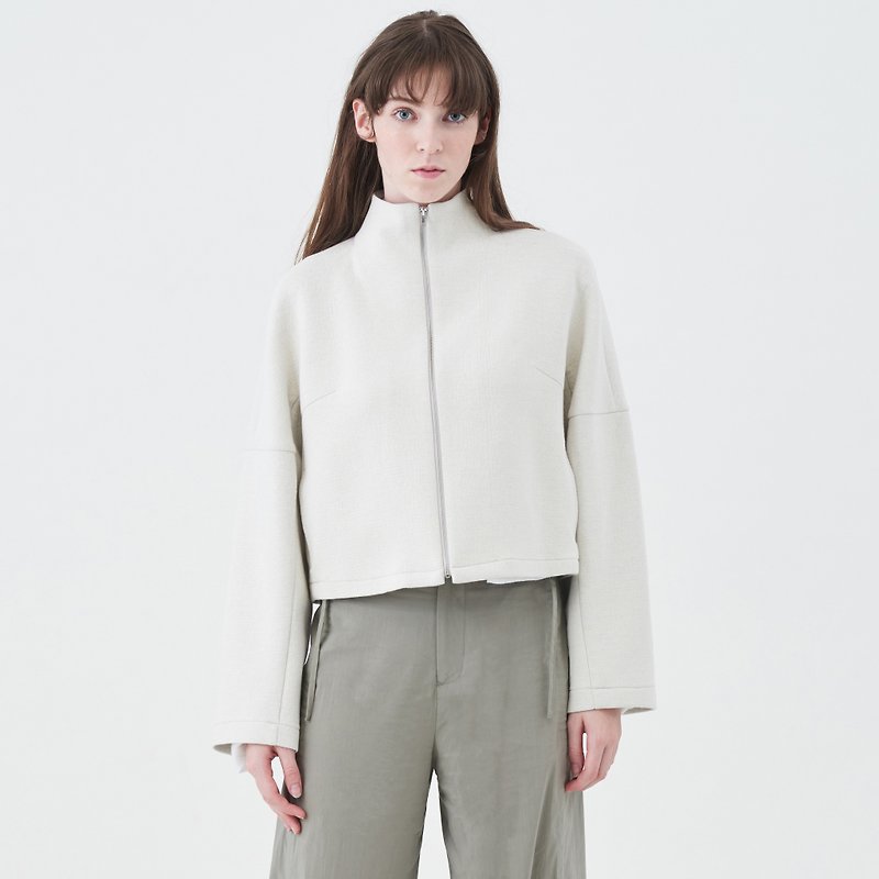 TRAN - 高领短版夹克 - 女装休闲/机能外套 - 棉．麻 白色