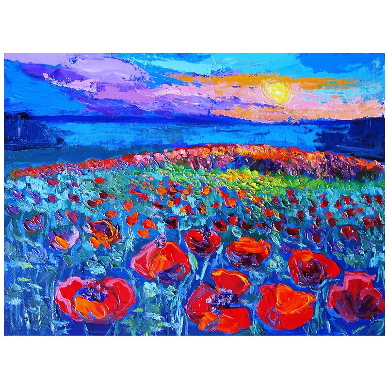 Poppies Oil Painting Wildflowers Original Art Flowers Artwork Impasto Canvas Art - 海报/装饰画/版画 - 颜料 多色