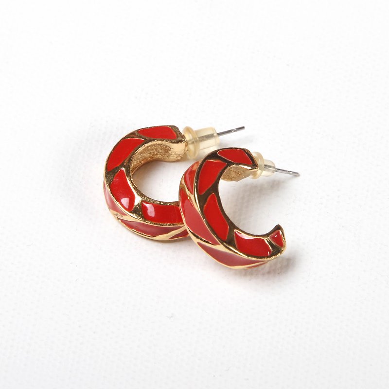 【蛋植物古着】朱红拐杖复古耳针古董耳环 - 耳环/耳夹 - 铜/黄铜 红色