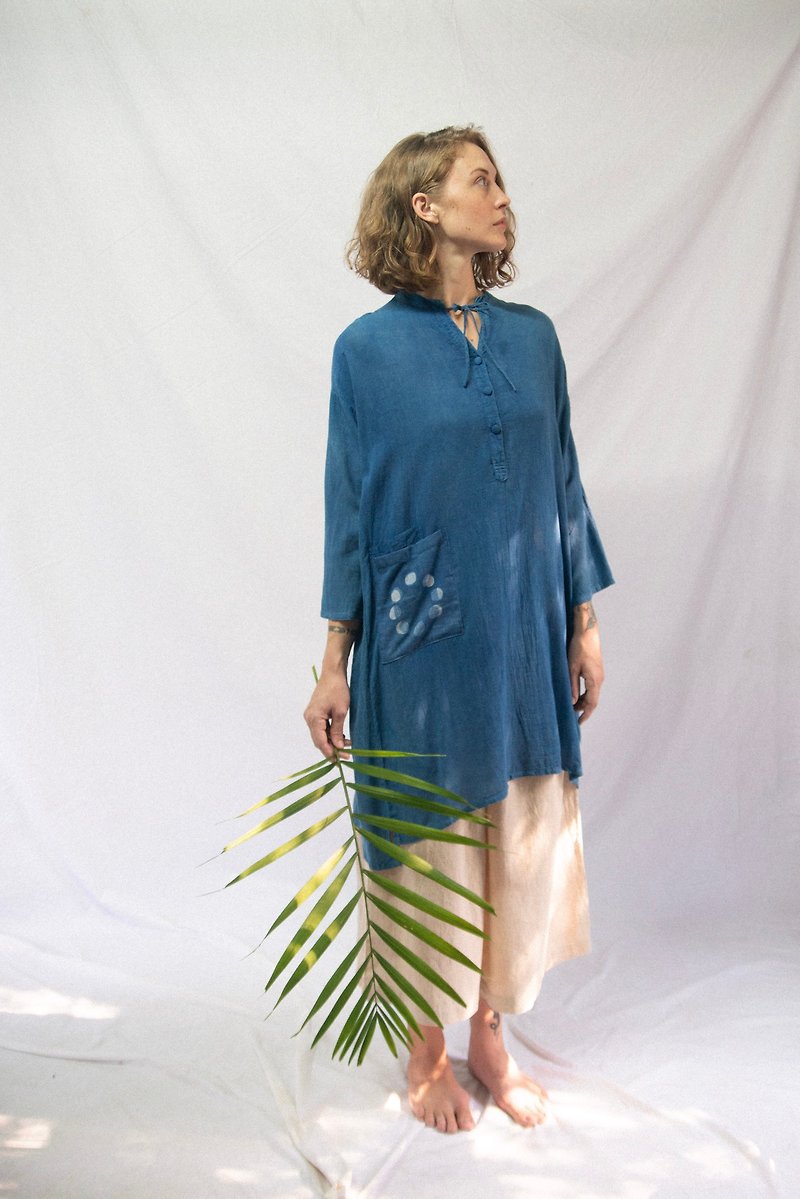 Lunar Dress | Natural Blue Indigo Color | - 洋装/连衣裙 - 棉．麻 蓝色