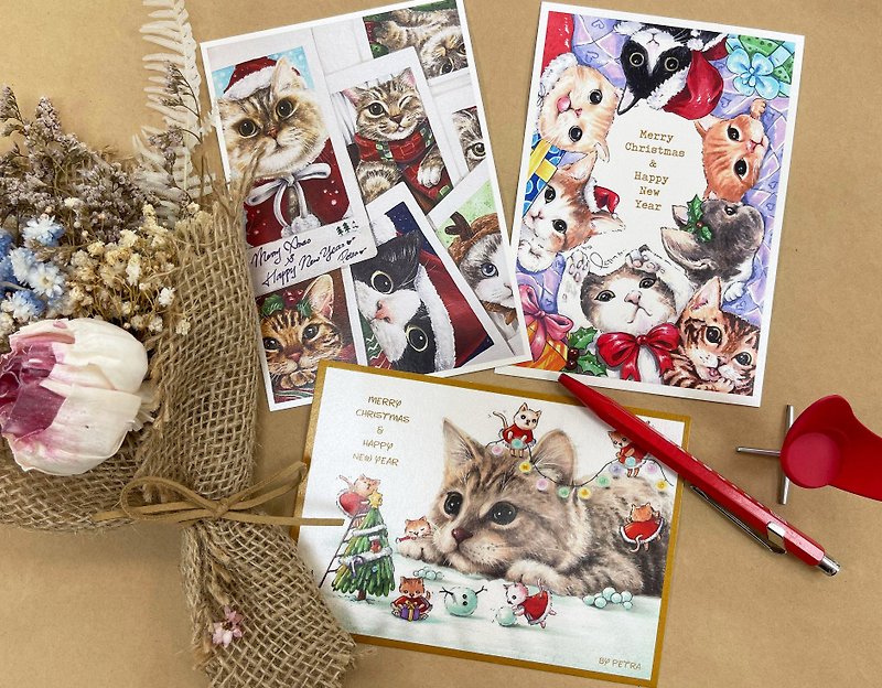 \ 假猫奴系列 /猫猫圣诞祝福明信片套组(一套三张) - 卡片/明信片 - 纸 