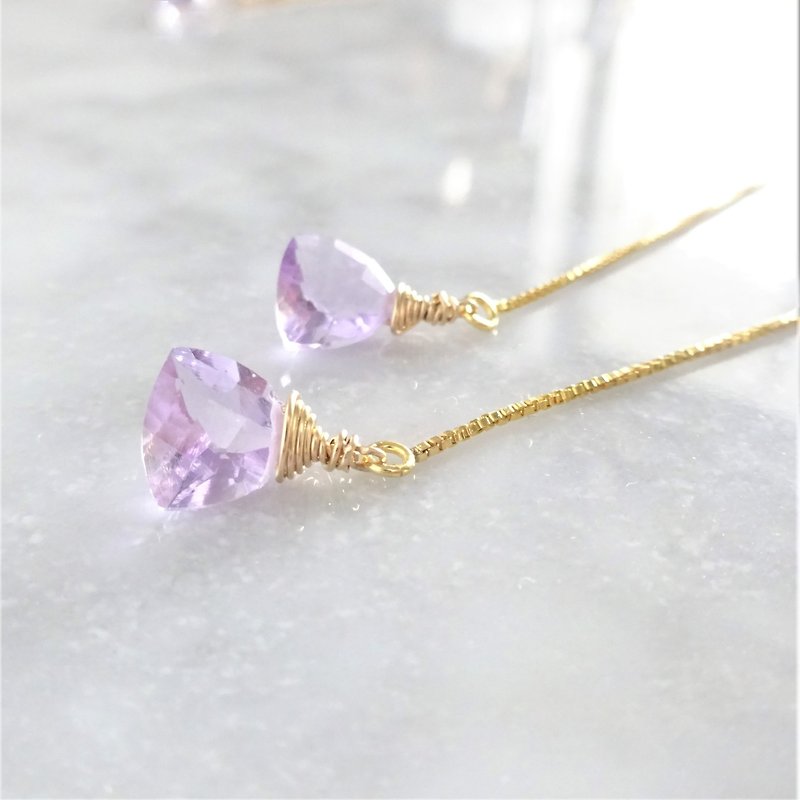 14kgf*宝石質 Pink Amethyst Triangl american pierced earring - 耳环/耳夹 - 宝石 紫色