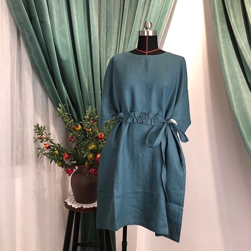 【女人节新品】蓝绿色荷叶腰带连身裙【CONTRAST卡偌诗】 - 洋装/连衣裙 - 棉．麻 绿色