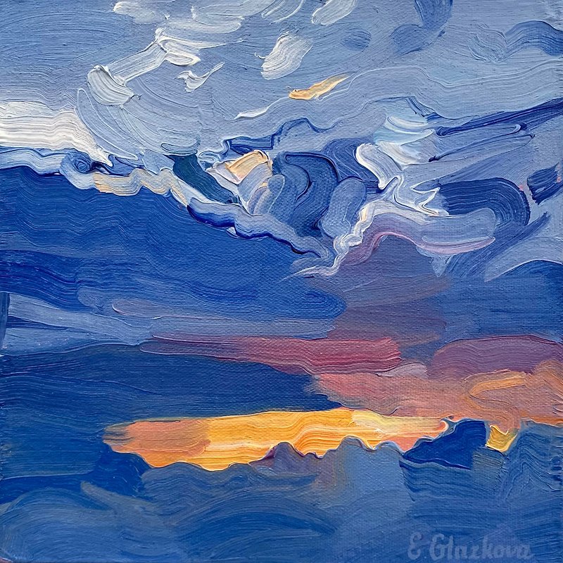明亮的夕阳天空的原创油画。布面油画 15x15厘米