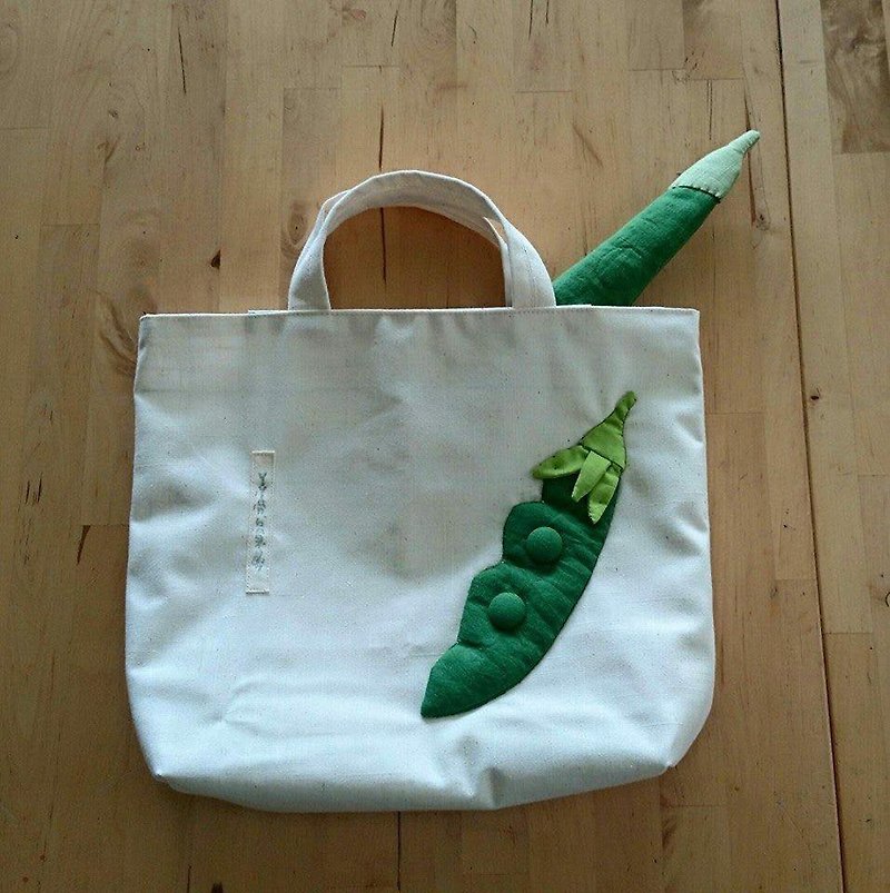 单条绿豌豆手提袋/米白底 - 手提包/手提袋 - 棉．麻 绿色