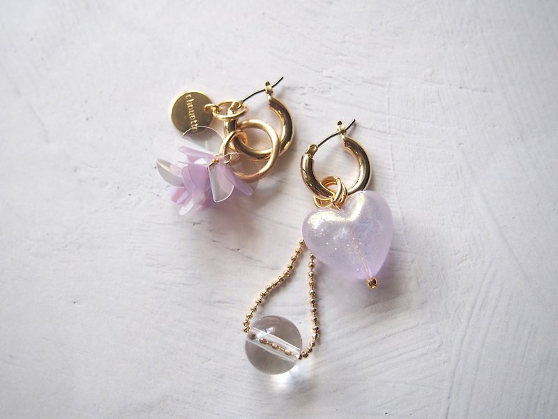heart charm pierce/earring(light amethyst) - 耳环/耳夹 - 半宝石 紫色