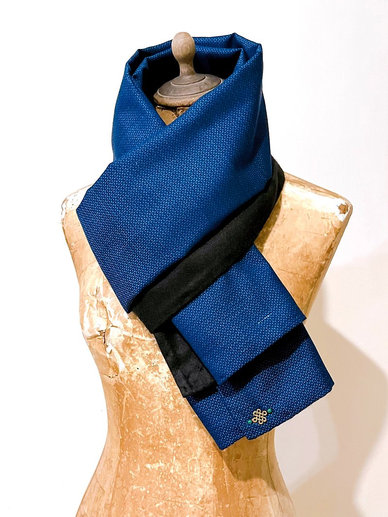 纯手作日本古董毛料丝织品蓝色与黑色双面撞色围巾披肩 - 围巾/披肩 - 羊毛 蓝色