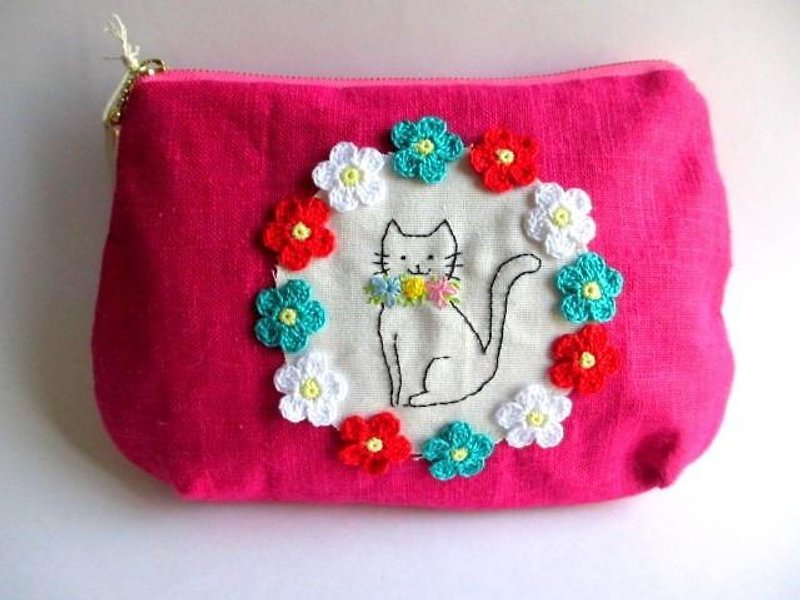 お花と猫のリネンポーチ＊ローズピンクB - 化妆包/杂物包 - 棉．麻 粉红色