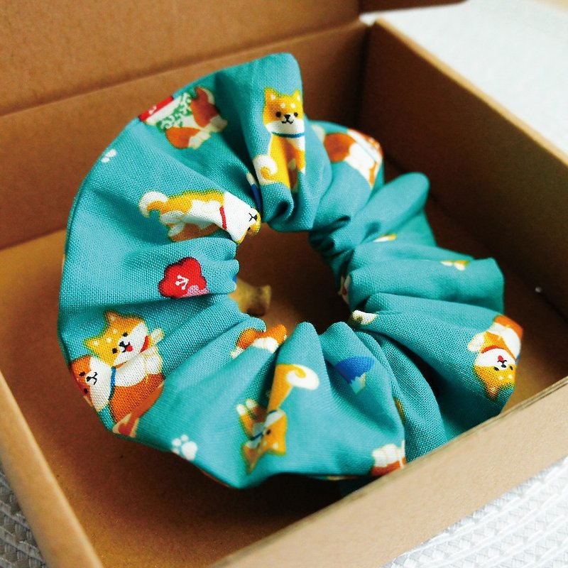 Lovely【日本布】日本柴犬发束、大肠圈、甜甜圈发束、湖水绿 - 发饰 - 棉．麻 蓝色