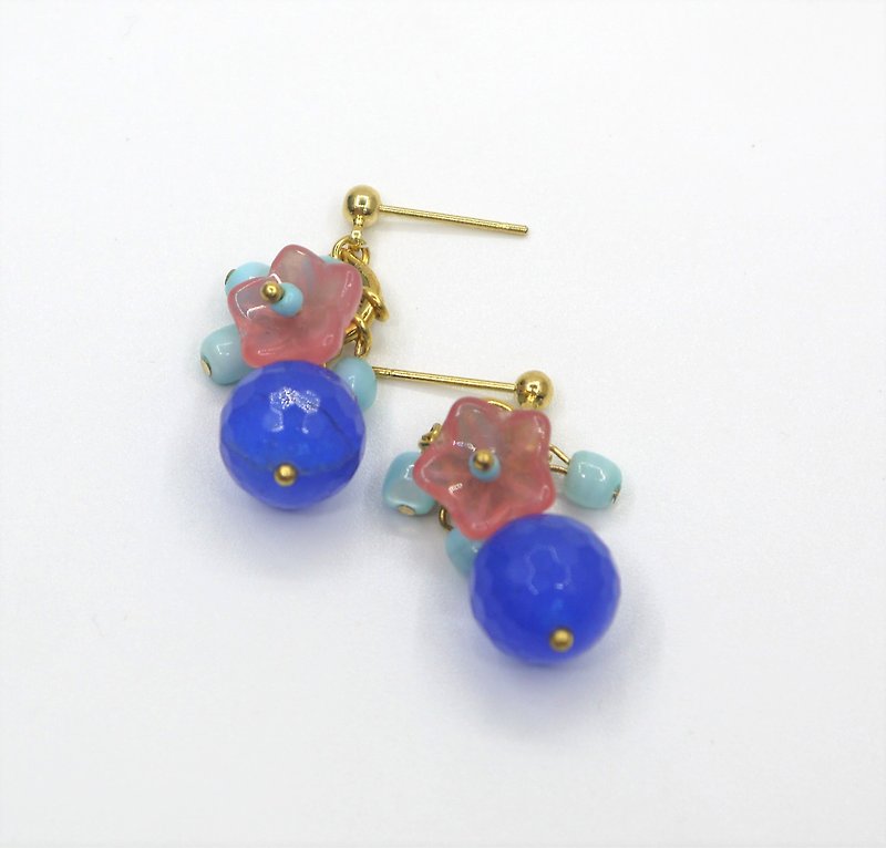 蓝晶 桃花耳环( 可换夹式) - 耳环/耳夹 - 宝石 蓝色