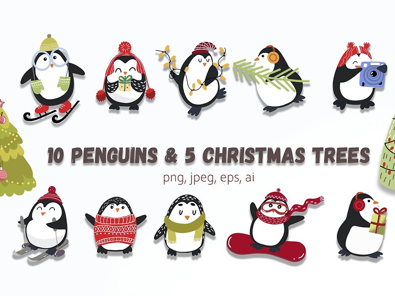 其他材质 插画/绘画/写字 白色 - Penguin clipart, Christmas tree clipart, Christmas penguins, Winter animals