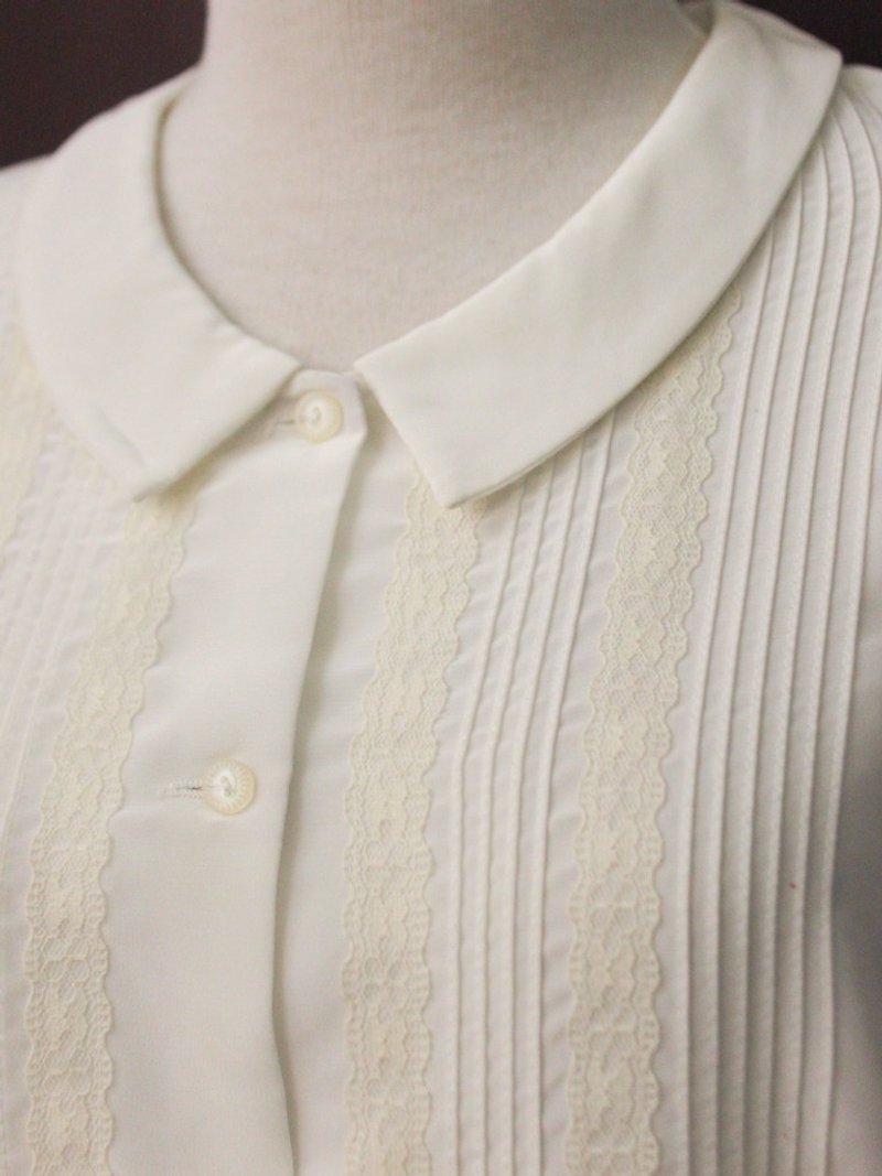 复古日本制典雅蕾丝拼接可爱宽松米白色长袖古着衬衫 - 女装衬衫 - 聚酯纤维 白色