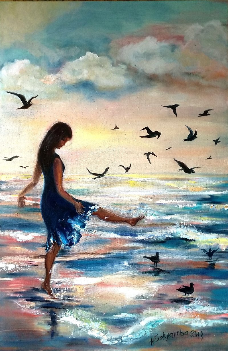 浪漫夕阳风景-少女与鸟 原画 现代印象派艺术 - 墙贴/壁贴 - 其他材质 蓝色