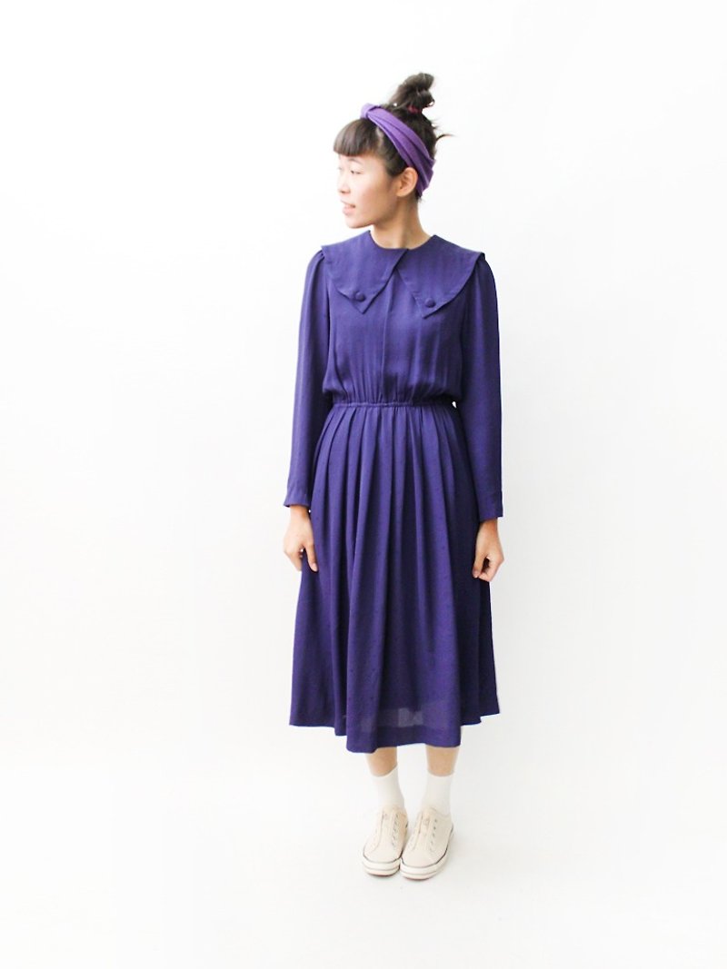 【RE0322D1069】日本制复古大翻领蓝紫色长袖春夏古着洋装 - 洋装/连衣裙 - 聚酯纤维 紫色