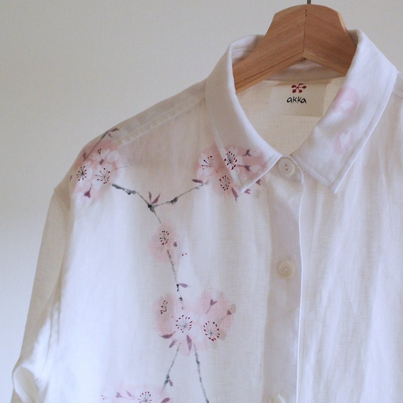 リネン・シャツ白　桜 - 女装上衣 - 棉．麻 白色