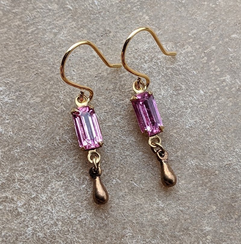 粉红古董玻璃黄铜耳环 - 耳环/耳夹 - 玻璃 