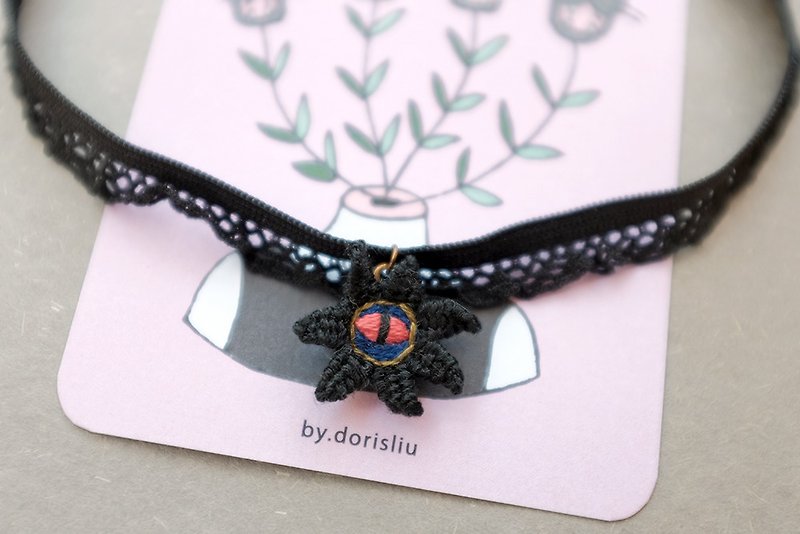 by.dorisliu [人手刺绣 choker 锁骨链 ]一目国公主的黑色花之眼 - 项链 - 绣线 黑色