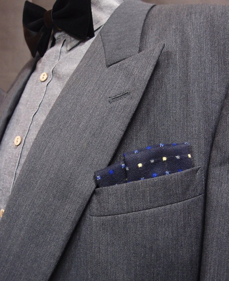 深蓝彩格点口袋巾 pocket square 方便快速懒人用 - 领带/领带夹 - 羊毛 蓝色