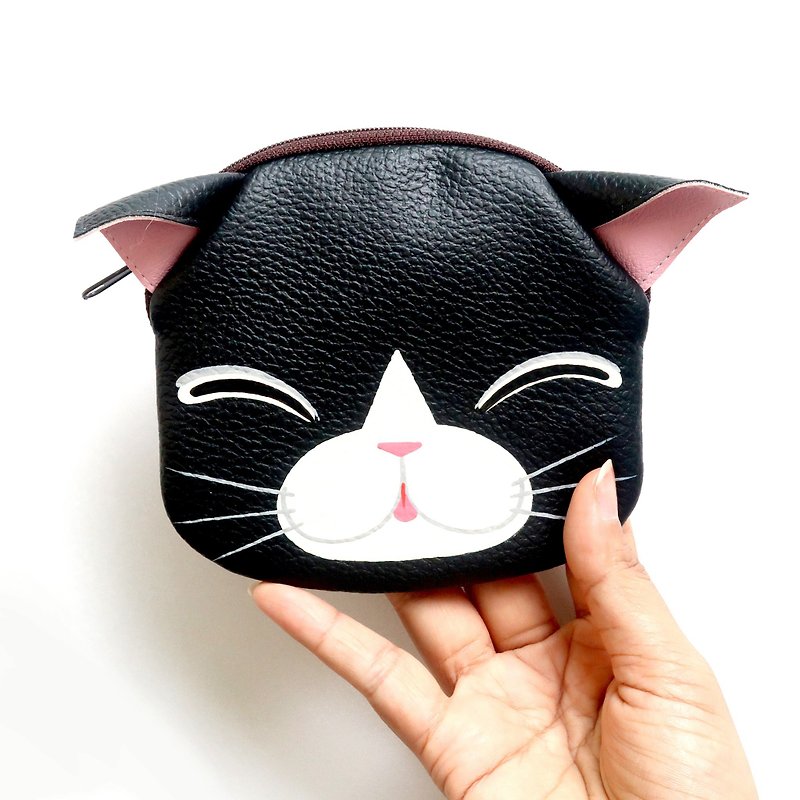 【雙11折扣】Black cat coin purse ,small synthetic leather wallet bag with zip. - 零钱包 - 人造皮革 黑色