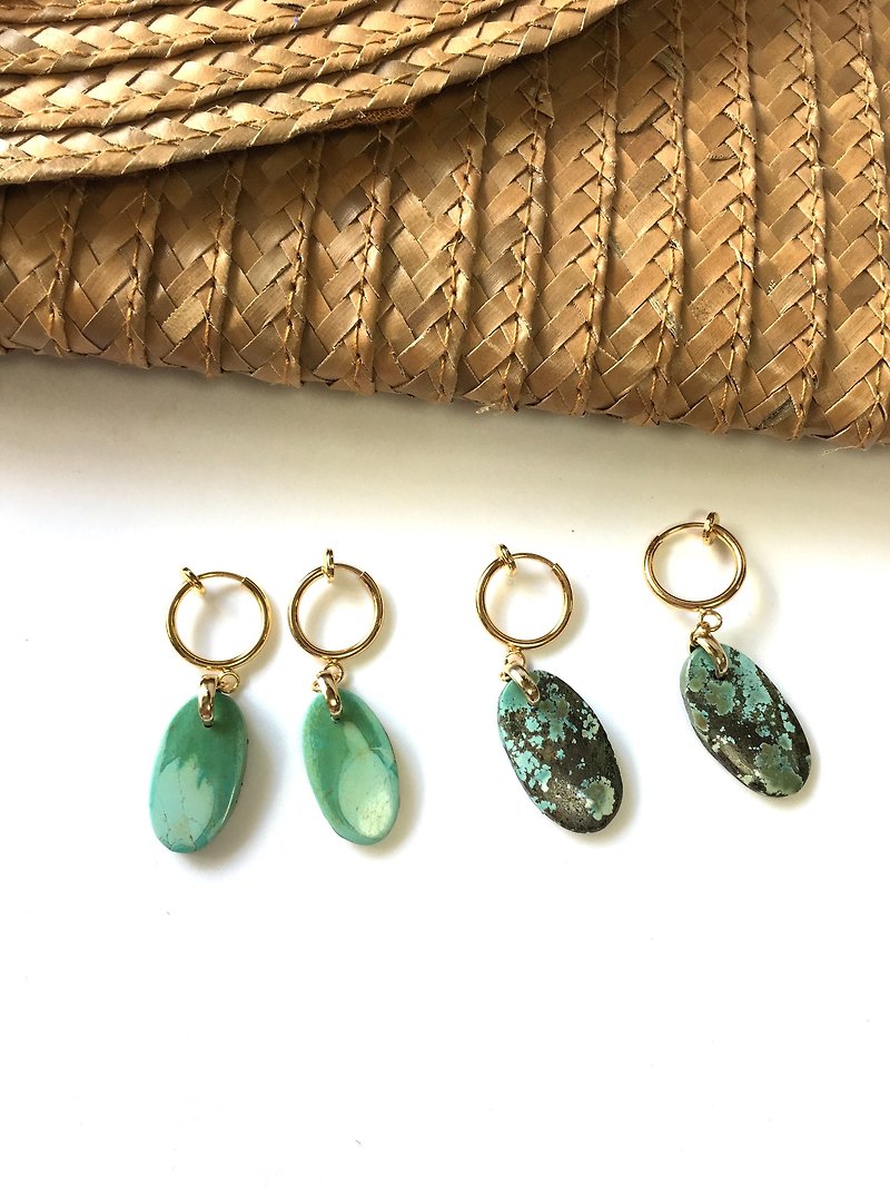 Tibetan Turquoise  Clip-earring 　surgical steel - 耳环/耳夹 - 半宝石 绿色