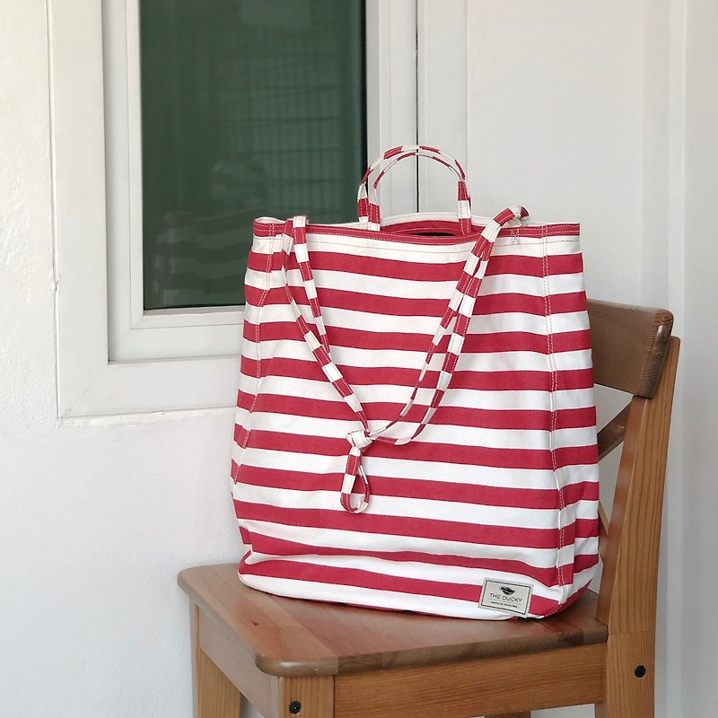 过大的手提袋 - 红色白色条纹 - 手提包/手提袋 - 棉．麻 多色