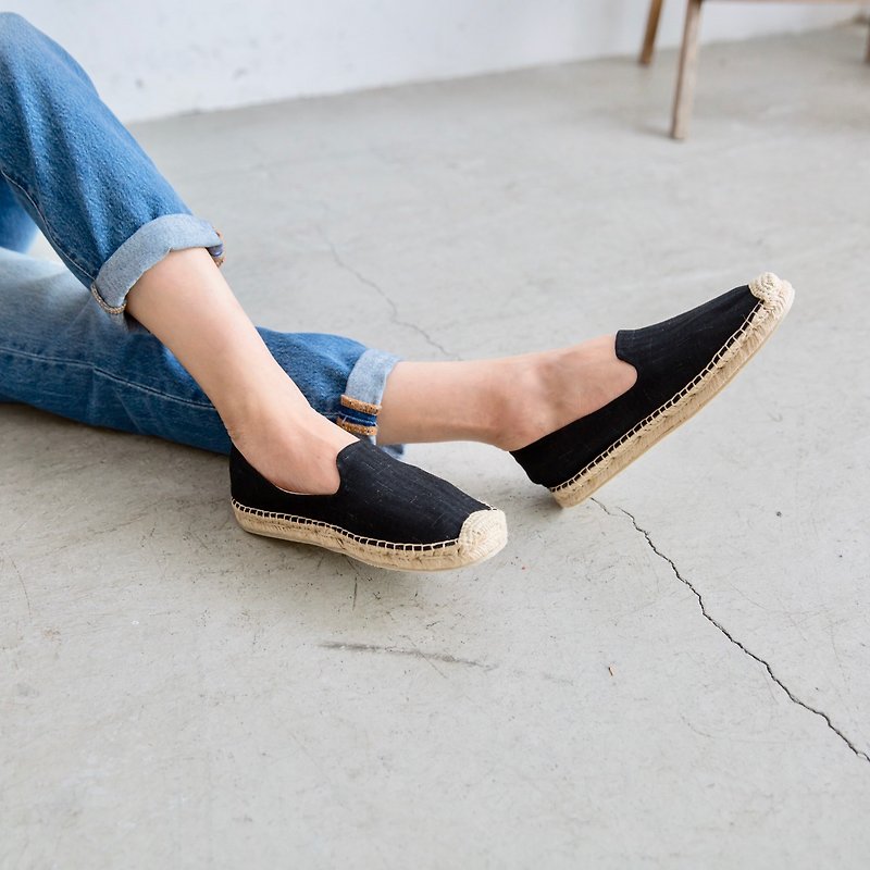日本布料手工草编鞋-和风十字纹 绝版 出清品 - 女款休闲鞋 - 棉．麻 黑色