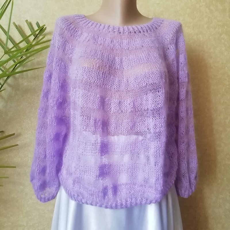Women Light Mohair Sweater Knitted Soft Striped Violet Jumper Over Sized Poncho - 女装针织衫/毛衣 - 羊毛 紫色