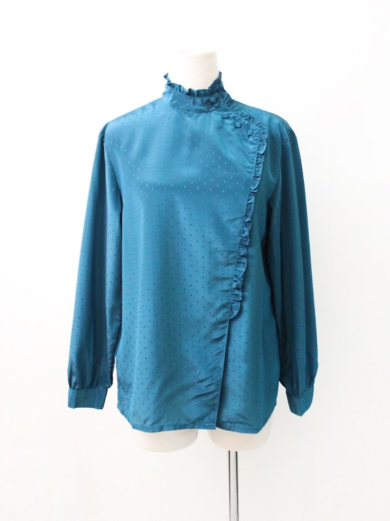 日本制复古典雅立领蓝绿色长袖古着衬衫Vintage Blouse - 女装衬衫 - 聚酯纤维 蓝色