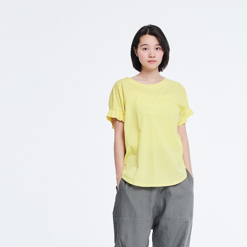 珠光棉車褶袖TEE/蒲公英黃 - 女装 T 恤 - 棉．麻 黄色