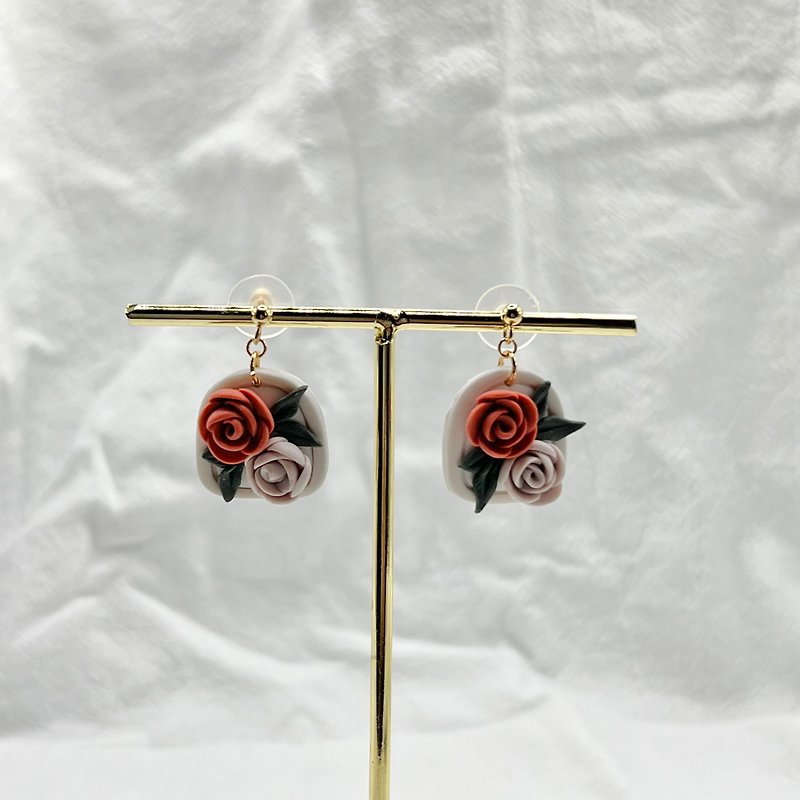 法式玫瑰 软陶耳环 耳针/耳夹 - 耳环/耳夹 - 植物．花 红色