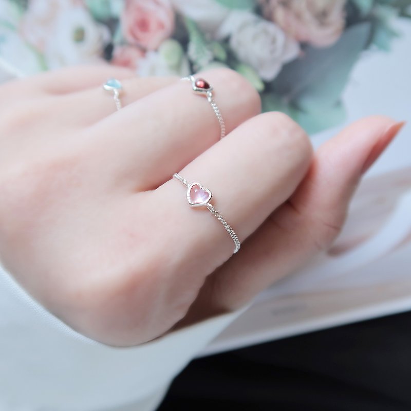 925纯银 粉水晶 粉晶 链戒 戒指 可调整 免费送礼包装 - 戒指 - 纯银 粉红色