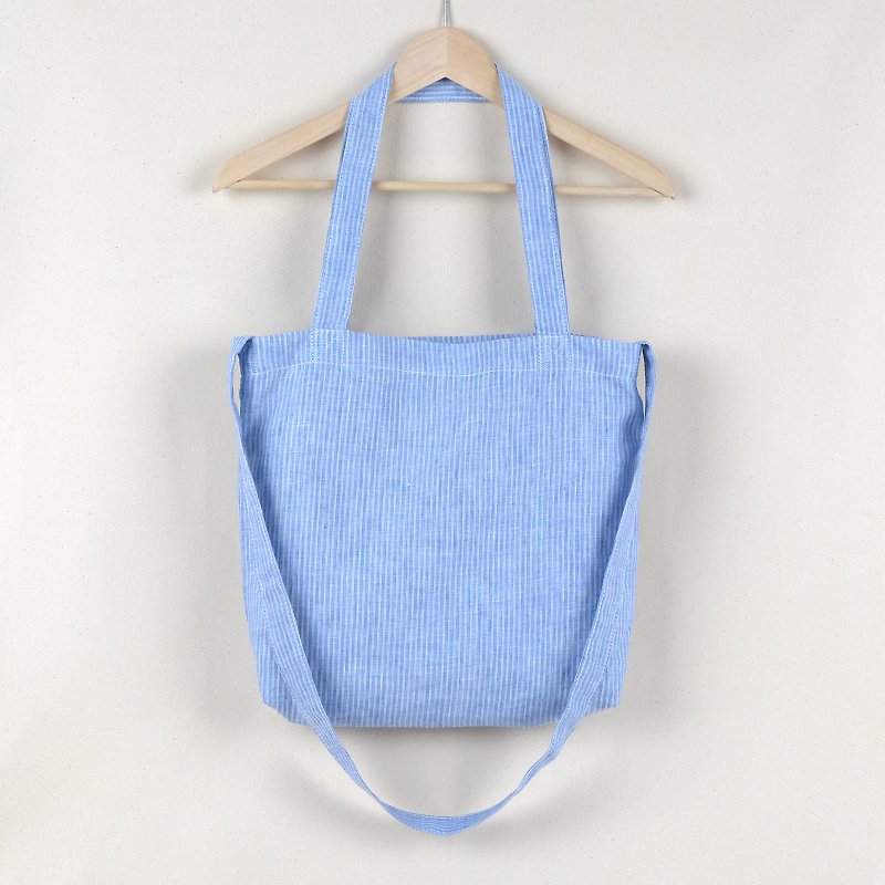 Linen Bag Bluish white stripes (Striped) 3 2 has a shoulder strap. - 侧背包/斜挎包 - 棉．麻 蓝色