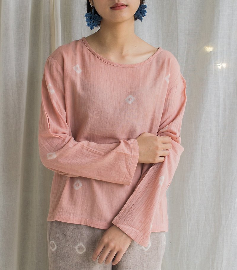 Natural dye long-sleeve shirt / polka dot pastel pink - 女装上衣 - 棉．麻 粉红色