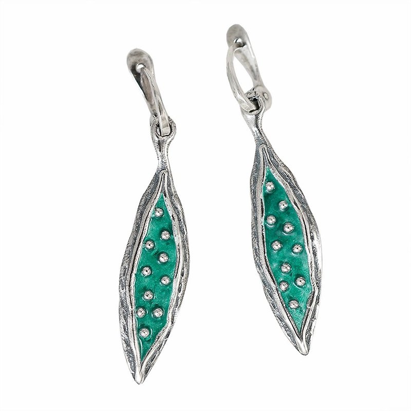 银珐琅耳环 | 民族饰品 | 叶耳环 | 手工耳环 | 独特的绿色耳环 - 耳环/耳夹 - 纯银 绿色