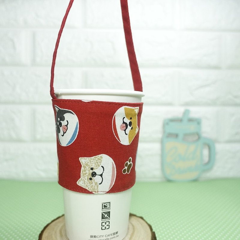 喜洋洋柴犬环保饮料提袋 - 随行杯提袋/水壶袋 - 棉．麻 红色