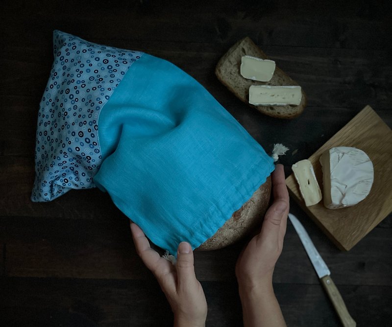 Linen Reusable Drawstring Sourdough Bread Bag, Cottage Style, Gift for Mom - 调味罐/酱料瓶 - 亚麻 蓝色