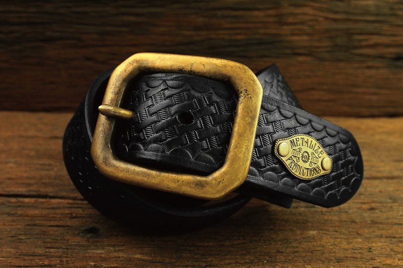 Brass Buckle Press Grain Belt METALIZE黄铜基本款编织纹皮带(黑色) - 腰带/皮带 - 真皮 黑色