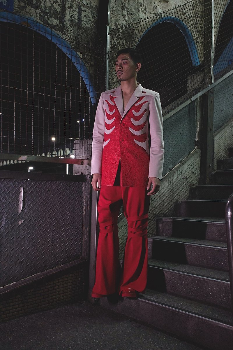 骨骼档片蕾丝西装外套(182J01) - 男装外套 - 棉．麻 红色