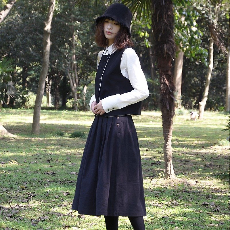 黑色复古压皱百褶半身裙|裙子|日本平纹棉麻混纺|独立品牌|Sora-59 - 裙子 - 棉．麻 