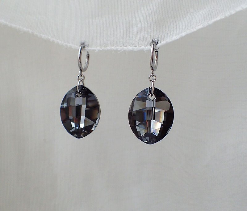 叶形, 施华洛世奇元素 & 不锈钢 耳圈夹耳环(一对) - 耳环/耳夹 - 玻璃 黑色