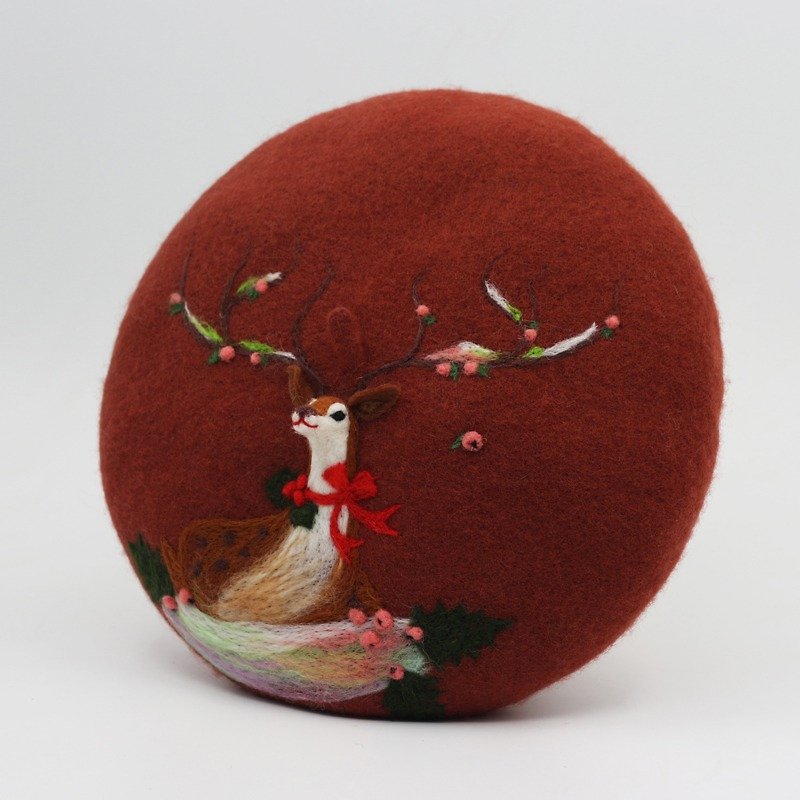 轲人原创手工羊毛毡贝雷帽画家帽针毡立体鹿圣诞礼物—砖红色 - 帽子 - 羊毛 