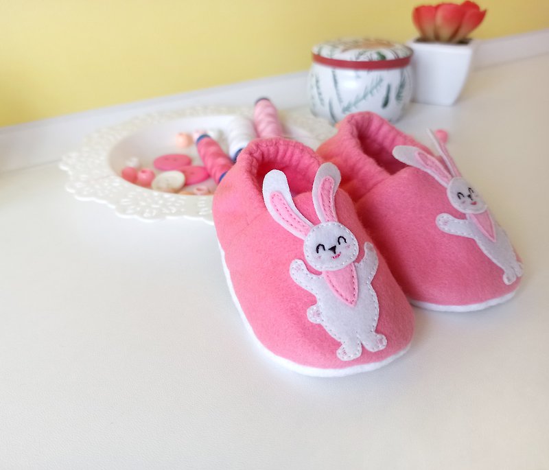 婴儿鞋新生儿粉红色拖鞋白色小兔子婴儿送礼会洗礼礼物 - 童装鞋 - 其他材质 粉红色