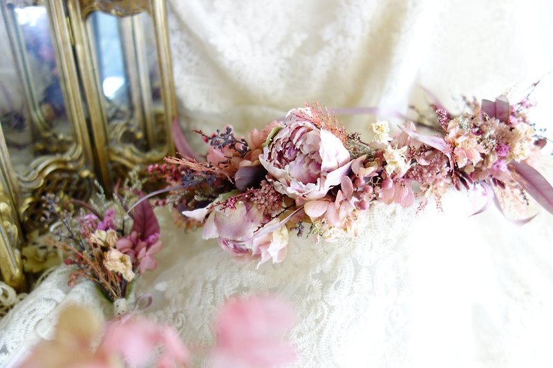 婚礼花饰系列~深粉干燥牡丹花环 - 发饰 - 纸 粉红色
