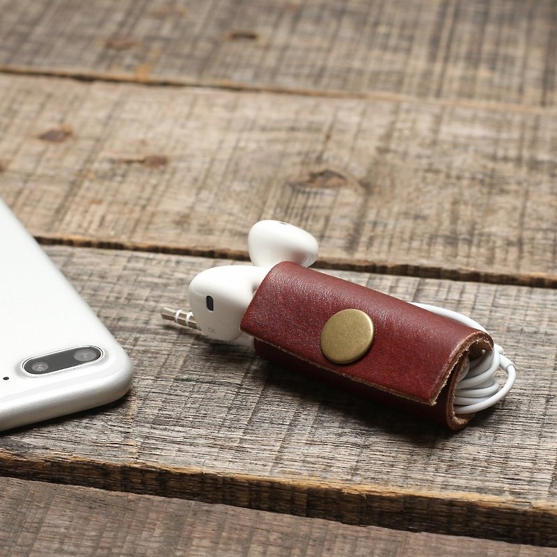 Minimal 咖啡红 手工染植鞣真皮革手工 耳机卷线器 - 耳机 - 真皮 咖啡色